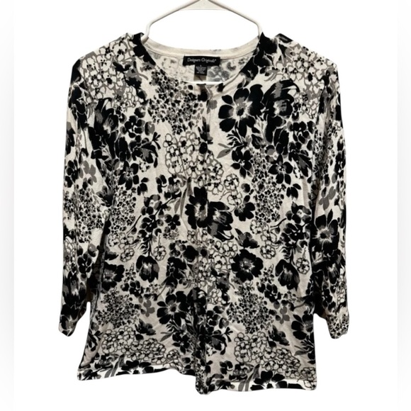 Designers Originals Black White Floral Button Down Cardigan Sweater Sz L - Picture 1 of 10